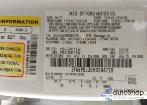 2017 Ford Fusion Hybrid Se z USA, uszkodzony, nr VIN 3FA6P0LU3HR384720